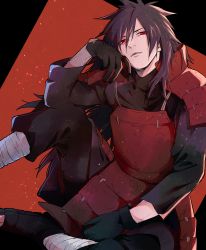 Rule 34 | 1boy, :t, absurdres, armor, black gloves, black hair, black pants, black shirt, breastplate, gloves, highres, japanese armor, long hair, long sleeves, looking at viewer, male focus, naruto (series), open mouth, pants, red background, shirt, shoulder armor, sitting, solo, straight hair, suzu (tg 390), twitter username, uchiha madara, very long hair