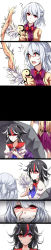 Rule 34 | 2girls, 7koma, absurdres, bad id, bad pixiv id, black hair, bow, braid, brown jacket, comic, dress, false smile, feather fan, finger to face, french braid, grey horns, hair between eyes, highres, horns, jacket, kijin seija, kishin sagume, long image, looking at another, multicolored hair, multiple girls, plucked feathers, purple dress, red eyes, red hair, rock, shaded face, sheya, short hair, silent comic, single wing, sketch, smile, streaked hair, surprised, sweatdrop, tall image, touhou, white dress, white hair, wings, yin yang