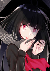 Rule 34 | 1girl, black hair, black shirt, closed mouth, commentary request, fate/grand order, fate (series), fingernails, grey scarf, hands up, head tilt, highres, ko yu, long hair, long sleeves, looking at viewer, oryou (fate), pink eyes, red neckwear, scarf, shirt, solo, tongue, tongue out, very long hair