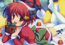 Rule 34 | 1girl, absurdres, box, candle, christmas, cross-laced clothes, cross-laced legwear, gift, gift box, hair ornament, hat, highres, legs, lying, mikeou, on stomach, pillow, red eyes, red hair, santa costume, santa hat, short hair, solo, star (symbol), star hair ornament, thighhighs, white thighhighs