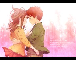 Rule 34 | 1boy, 1girl, bad id, bad pixiv id, brown eyes, brown hair, couple, digimon, digimon adventure, eye contact, face-to-face, holding hands, hetero, hug, izumi koshiro, letterboxed, long hair, looking at another, mimxxpk, orange shirt, red eyes, red hair, shirt, short hair, smile, tachikawa mimi