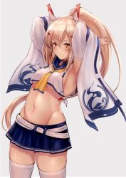 Rule 34 | 1girl, arm garter, armpits, arms up, ayanami (azur lane), azur lane, belt, blue skirt, blush, breasts, chokuro, commentary request, cowboy shot, crest, crop top, detached sleeves, family crest, floating hair, grey background, groin, hair between eyes, hair ornament, hairclip, headgear, high ponytail, light brown hair, long hair, looking at viewer, md5 mismatch, medium breasts, miniskirt, navel, neckerchief, orange eyes, parted lips, pleated skirt, ponytail, print sleeves, remodel (azur lane), resolution mismatch, school uniform, serafuku, shiny skin, sideboob, sidelocks, simple background, skindentation, skirt, solo, source larger, standing, stomach, thighhighs, underboob, very long hair, white belt, white thighhighs, wide sleeves, yellow neckerchief, zettai ryouiki