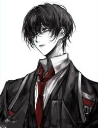 Rule 34 | 1boy, bishounen, black coat, black eyes, black hair, black vest, closed mouth, coat, collared shirt, highres, limbus company, lips, long sleeves, luull, necktie, pale skin, project moon, red necktie, shirt, simple background, solo, upper body, vest, white background, white shirt, wing collar, yi sang (project moon)