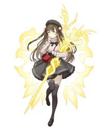 Rule 34 | 1girl, animal print, aqua eyes, bare shoulders, black skirt, brown hair, cat print, clothing cutout, energy weapon, frilled skirt, frills, full body, hat, ji no, knit sweater, long hair, looking at viewer, mary janes, official art, rapunzel (sinoalice), reality arc (sinoalice), shoes, shoulder cutout, sinoalice, skirt, solo, thighhighs, transparent background