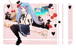 Rule 34 | 1girl, birdcage, blue eyes, blue hair, bow, bowtie, rabbit, cage, card, floating card, flower, fork, hair flower, hair ornament, hat, hatsune miku, heart, key, knife, komine, long hair, matching hair/eyes, mini hat, mini top hat, pantyhose, red rose, rose, rounded corners, sitting, skirt, solo, stuffed animal, stuffed toy, suspenders, top hat, vocaloid