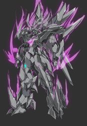 Rule 34 | beastkingbarbaros, blue eyes, clenched hands, fire, grey background, highres, looking down, mecha, no humans, original, purple fire, robot, solo, standing
