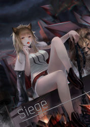 Rule 34 | 1girl, absurdres, animal ears, arknights, bare legs, black choker, black footwear, black jacket, black nails, blonde hair, breasts, candy, character name, choker, city, cleavage, cloud, cloudy sky, commentary, dutch angle, english commentary, food, full body, fur-trimmed jacket, fur trim, hammer, hand on hilt, highres, holding, holding candy, holding food, holding lollipop, jacket, jacket on shoulders, knee up, leather, leather jacket, lion, lion ears, lion tail, lollipop, long hair, looking at viewer, me/r, medium breasts, mixed-language commentary, nail polish, night, open mouth, originium (arknights), outdoors, ponytail, red shorts, shoes, short shorts, shorts, siege (arknights), sitting, sky, sledgehammer, sleeveless, solo, studded choker, tail, tank top, thighs, white tank top, yellow eyes