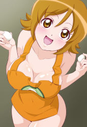 Rule 34 | 1girl, apron, breasts, brown apron, cleavage, collarbone, egg, fuchi (nightmare), grey background, hair between eyes, happinesscharge precure!, highres, holding, holding egg, large breasts, naked apron, oomori yuuko, open mouth, precure, smile, solo