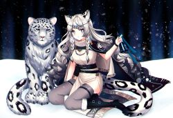 Rule 34 | 1girl, absurdres, animal, animal ears, arknights, bell, black cape, black footwear, black hair, blue eyes, blush, boots, braid, breasts, brown capelet, cape, capelet, commentary, dress, fringe trim, fur-trimmed boots, fur trim, gradient hair, grey eyes, grey hair, grey thighhighs, highres, holding, knee boots, leopard ears, leopard girl, leopard tail, long hair, looking at viewer, mamel 27, medium breasts, multicolored hair, parted lips, pelvic curtain, pramanix (arknights), sitting, sleeveless, sleeveless dress, snow leopard, snowflakes, solo, tail, thighhighs, turtleneck, turtleneck dress, twin braids, very long hair, white dress, yokozuwari