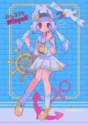Rule 34 | 1girl, anchor, ascot, bad id, bad twitter id, blue eyes, bow, brick wall, character name, creatures (company), dated, full body, game freak, gen 3 pokemon, hair bow, hat, highres, long hair, looking at viewer, moemon, narumame, neckerchief, nintendo, open mouth, pastel colors, personification, pinky out, pokedex number, pokemon, pokemon (creature), sailor collar, shoes, silver hair, skirt, sleeveless, standing, steering wheel, wingull, yellow footwear, yellow neckerchief