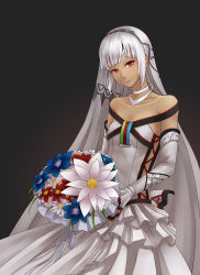 Rule 34 | 10s, 1girl, altera (fate), bare shoulders, black background, black nails, bouquet, bridal veil, bride, dark skin, dark-skinned female, dress, fate/extella, fate/extra, fate/grand order, fate (series), flower, frilled dress, frills, full-body tattoo, head tilt, highres, hoodier, jewelry, looking at viewer, nail polish, necklace, red eyes, short hair, solo, tattoo, veil, wedding dress, white dress, white hair