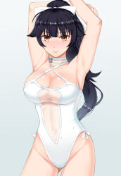 Rule 34 | 1girl, armpits, azur lane, black hair, breasts, brown eyes, casual one-piece swimsuit, contrapposto, cowboy shot, criss-cross halter, gradient background, grey background, hair flaps, halterneck, large breasts, long hair, looking at viewer, navel, one-piece swimsuit, pazuzu438, ponytail, standing, swimsuit, takao (azur lane), takao (beach rhapsody) (azur lane), white one-piece swimsuit