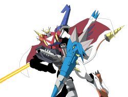 Rule 34 | 1other, digimon, digimon (creature), fusion, looking at viewer, original, other focus, shoutmon x4k, shoutmon x5b, shoutmon x5s, simple background, solo, white background