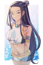 1girl armlet bare_shoulders belly_chain bike_shorts black_hair breasts commentary_request cowboy_shot creatures_(company) crop_top earclip earrings game_freak hair_bun highres hoop_earrings jewelry kagi0487_(weiss_9610) long_hair looking_at_viewer midriff navel nessa_(pokemon) nintendo pokemon pokemon_swsh sideocks single_hair_bun solo sports_bra