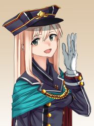Rule 34 | 1girl, :d, alternate costume, bismarck (kancolle), blonde hair, blue cape, breasts, buttons, cape, double-breasted, green eyes, hand up, hat, head tilt, kantai collection, long sleeves, looking at viewer, luicent, military, military uniform, open mouth, smile, solo, uniform, upper body, yellow background