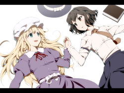 2girls aqua_eyes bad_id bad_pixiv_id blonde_hair book brown_eyes brown_hair female_focus holding_hands hat unworn_hat hat_ribbon unworn_headwear letterboxed long_hair lying maribel_hearn multiple_girls necktie on_back open_mouth ribbon sash shirt short_hair skirt skirt_set takahata_yuki touhou usami_renko