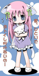 Rule 34 | 1girl, :3, amimi, animal ears, animal slippers, blue eyes, blush, bow, cat ears, cat tail, frills, hair bow, hair ribbon, long hair, looking at viewer, open mouth, pajamas, pink hair, ribbon, slippers, solo, stuffed animal, stuffed cat, stuffed toy, tail, teardrop, tears