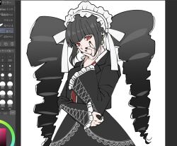 Rule 34 | 1girl, :o, black hair, black jacket, black nails, black skirt, blunt bangs, celestia ludenberg, cowboy shot, danganronpa: trigger happy havoc, danganronpa (series), drill hair, earrings, frilled jacket, frills, gothic lolita, hand up, highres, jacket, jewelry, lace, lace-trimmed skirt, lace trim, layered skirt, lolita fashion, nail polish, necktie, okonomiyakiyyy1, open clothes, open jacket, print necktie, red eyes, red necktie, skirt, solo, twin drills, twintails, white background