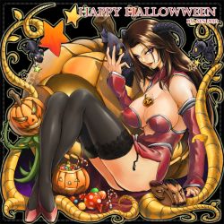 Rule 34 | 10s, 1girl, 2010, between breasts, black thighhighs, breasts, brown hair, candy, candy cane, cleavage, covered erect nipples, demon girl, food, halloween, happy halloween, high heels, horns, huge breasts, jack-o&#039;-lantern, large breasts, lipstick, long hair, makeup, mask, original, pumpkin, purple eyes, red lips, sennoyume, shoes, solo, star (symbol), thighhighs, thighs, typo