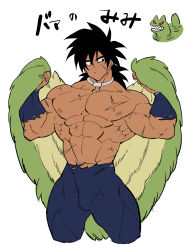 Rule 34 | 1boy, abs, absurdres, bad id, bad pixiv id, bah (dragon ball), bara, black eyes, black hair, blue legwear, broly (dragon ball super), creature, cropped legs, dark-skinned male, dark skin, dragon ball, dragon ball super, dragon ball super broly, highres, holding, holding clothes, jewelry, large pectorals, legs apart, long hair, male focus, muscular, muscular male, neck ring, pectorals, scar, scar on chest, simple background, spiked hair, thick thighs, thighs, topless male, torawar, torn clothes, torn legwear