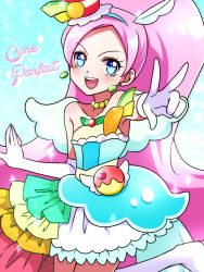 Rule 34 | 10s, 1girl, :d, blue background, blue eyes, blue hairband, blue skirt, boots, character name, cure parfait, earrings, food, food-themed hair ornament, fruit, gloves, hair ornament, hairband, jewelry, kagami chihiro, kirahoshi ciel, kirakira precure a la mode, layered skirt, long hair, looking at viewer, magical girl, open mouth, orange (fruit), orange slice, pink hair, precure, rainbow order, skirt, smile, solo, sparkle, spoilers, standing, standing on one leg, v, white footwear, white gloves, wide ponytail