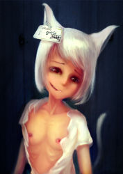 Rule 34 | 1girl, abuse, animal ears, breasts, cat ears, glasgow smile, ikelag, nipples, open clothes, open shirt, scar, shirt, small areolae, small breasts, small nipples, tail, white hair