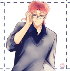 Rule 34 | 1boy, glasses, higeneko (pluie), jojo no kimyou na bouken, kakyoin noriaki, male focus, red hair, simple background, solo, sweater
