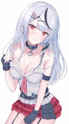 Rule 34 | 1girl, absurdres, bare shoulders, black collar, black gloves, black hair, blush, breasts, camisole, cleavage, collar, collarbone, fingerless gloves, gloves, grey hair, hair ornament, hand on own thigh, highres, hololive, large breasts, long hair, looking at viewer, multicolored hair, nolc, plaid, plaid skirt, red eyes, red skirt, sakamata chloe, sakamata chloe (1st costume), skirt, solo, streaked hair, virtual youtuber, white background, white camisole, x hair ornament