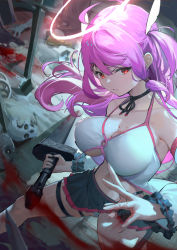 Rule 34 | 1girl, absurdres, black choker, black skirt, blood, blood on breasts, blood on hands, bloody weapon, breasts, choker, closed mouth, crop top, detached sleeves, floating hair, hair between eyes, hair ornament, hairclip, halo, halterneck, highres, holding, holding sword, holding weapon, indie virtual youtuber, j.xh, large breasts, long hair, long sleeves, looking at viewer, pleated skirt, purple hair, red eyes, skirt, skull, solo, standing, sword, thigh strap, two side up, very long hair, virtual youtuber, weapon, yumeno shiori