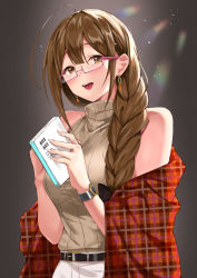 Rule 34 | 1girl, ahoge, bad id, bad pixiv id, bare shoulders, beige sweater, belt, black bow, blush, book, bow, braid, breasts, brown eyes, brown hair, earrings, glasses, gradient background, grey background, hair bow, hair over shoulder, highres, holding, holding book, idolmaster, idolmaster shiny colors, jewelry, kuwayama chiyuki, large breasts, light particles, long braid, long hair, looking at viewer, offton cover, open mouth, pink-framed eyewear, ribbed sweater, shawl, single braid, skirt, sleeveless, sleeveless turtleneck, smile, solo, sweater, turtleneck, white skirt