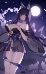 Rule 34 | 1girl, animal ears, artist name, azur lane, bare shoulders, black hair, black panties, breasts, cleavage, facial mark, fox ears, fox tail, fur-trimmed kimono, fur trim, highres, japanese clothes, kimono, large breasts, light smile, long hair, looking at viewer, maanu, moon, multiple tails, musashi (azur lane), night, night sky, off shoulder, panties, parted lips, pleated skirt, see-through, skirt, sky, solo, standing, tail, thighs, underwear, yellow eyes