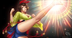 Rule 34 | 1girl, artist name, barefoot, blue shorts, bow hairband, breasts, brown hair, cleavage, clenched hands, closed mouth, commentary, dated, earrings, email address, eyelashes, floating hair, from below, green shirt, hairband, hands up, high kick, highres, jewelry, josie rizal, kicking, kneepits, namco, red hairband, rta, shirt, short hair, shorts, solo, sparkle, tekken, tekken 7, toes, watermark