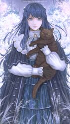 Rule 34 | 1girl, absurdres, animal, avocado2o2, black gloves, blue dress, blue eyes, blue hair, brown cat, capelet, cat, commentary, commission, dress, english commentary, final fantasy, final fantasy xiv, gloves, highres, holding, holding animal, holding cat, long hair, long sleeves, looking at viewer, outdoors, puffy sleeves, snow, solo, two-tone dress, warrior of light (ff14), white dress, wynteria lei