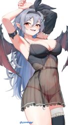Rule 34 | 1girl, :d, absurdres, arm strap, armpits, arms up, artist name, babydoll, bat wings, black headband, black panties, black sleeves, black thighhighs, black wings, blue hair, blush, breasts, cleavage, commentary, commission, cowboy shot, detached sleeves, earrings, enferverge, english commentary, fangs, frilled thighhighs, frills, hair between eyes, hair ornament, hairclip, headband, highres, indie virtual youtuber, jewelry, large breasts, long hair, looking at viewer, navel, open mouth, panties, pointy ears, red eyes, see-through, simple background, single detached sleeve, single thighhigh, skindentation, smile, solo, spaghetti strap, standing, stomach, string panties, stud earrings, thighhighs, underwear, white background, wings, x hair ornament