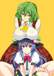 Rule 34 | 2girls, aoi manabu, ascot, bare legs, barefoot, between thighs, blue hair, blush, breast rest, breasts, breasts on head, bursting breasts, covered erect nipples, crossed arms, dress shirt, feet, female focus, green hair, hat, head tilt, hinanawi tenshi, kazami yuuka, large breasts, leaning forward, long hair, looking at viewer, multiple girls, orange background, plaid, plaid shirt, plaid skirt, puffy sleeves, red eyes, shirt, short hair, simple background, skirt, skirt set, smile, standing, sweat, toes, touhou