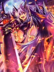 Rule 34 | 1girl, :d, altea, armor, barefoot, breasts, edobox, embers, full moon, horns, moon, navel, open mouth, pixiv fantasia, pixiv fantasia wizard and knight, pointy ears, purple hair, red eyes, single eye, smile, solo, sword, weapon