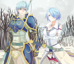 Rule 34 | 1boy, 1girl, armor, bad id, bad pixiv id, belt, blue eyes, blue hair, breasts, brother and sister, cleavage, crossed arms, fingerless gloves, fire emblem, fire emblem: radiant dawn, geoffrey (fire emblem), gloves, hair over one eye, jewelry, lucia (fire emblem), necklace, nintendo, polearm, shiina maru, short hair, siblings, snow, spear, sword, tree, weapon