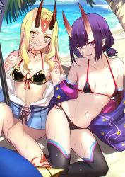 Rule 34 | 2girls, bare shoulders, beach, bikini, black bikini, black legwear, blush, breasts, collarbone, day, detached sleeves, earrings, eyeliner, facial mark, fang, fang out, fate/grand order, fate (series), forehead mark, grin, highres, horns, ibaraki douji (fate), ibaraki douji (fate/grand order), ibaraki douji (swimsuit lancer) (fate), ibaraki douji (swimsuit lancer) (first ascension) (fate), jewelry, long hair, looking at viewer, low twintails, makeup, micro bikini, multiple girls, navel, ocean, oni, open mouth, pointy ears, polearm, purple eyes, purple hair, sash, shigure s, short hair, short twintails, shuten douji (fate), shuten douji (fate/grand order), shuten douji (halloween caster) (fate), skin-covered horns, small breasts, smile, spear, star (symbol), star print, star tattoo, swimsuit, tattoo, thighs, twintails, weapon, wet, yellow eyes