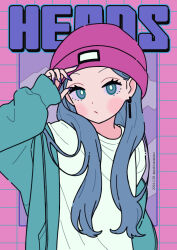 Rule 34 | 1girl, arm up, beanie, blue eyes, blue hair, blue jacket, blue outline, closed mouth, commentary, dated, english text, hat, highres, jacket, long hair, long sleeves, nail polish, neki (wakiko), open clothes, open jacket, original, outline, parted bangs, pink hat, puffy long sleeves, puffy sleeves, purple nails, shirt, sleeves past fingers, sleeves past wrists, solo, twitter username, upper body, white shirt