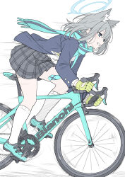 Rule 34 | 1girl, animal ear fluff, animal ears, bicycle, blue archive, blue eyes, blue jacket, blue scarf, blush, commentary, gloves, green gloves, grey hair, grey skirt, halo, highres, jacket, masabodo, medium hair, motion lines, plaid, plaid skirt, revision, riding, riding bicycle, scarf, school uniform, shiroko (blue archive), shirt, simple background, skirt, smile, solo, symbol-only commentary, white background, white shirt, wolf ears