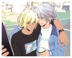Rule 34 | 2boys, beatmania, beatmania iidx, black shirt, blonde hair, blue eyes, blue jacket, border, brothers, commentary request, cup, dark-skinned male, dark skin, disposable cup, earrings, ereki (beatmania), folded ponytail, grey hair, grin, hair between eyes, holding, holding cup, jacket, jewelry, long bangs, looking at viewer, male focus, maoh (aburaage0528), multiple boys, necklace, one eye closed, open clothes, open jacket, outline, print shirt, red eyes, ring, selfie, shilow, shirt, short hair, siblings, smile, stud earrings, t-shirt, upper body, watch, white border, white outline, white shirt, wristwatch