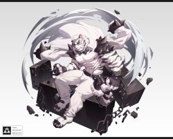 Rule 34 | 1boy, abs, animal ears, arknights, bara, bare pectorals, bulge, chain, furry, furry male, highres, jacket, jacket on shoulders, large pectorals, looking at viewer, male focus, mature male, mountain (arknights), muscular, muscular male, nipples, pants, pectorals, scar, scar across eye, scar on face, short hair, shoulder spikes, solo, spikes, stomach, thighs, tiger boy, tiger ears, uiokv, white fur, white hair, white pants, wind