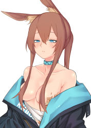 Rule 34 | 1girl, absurdres, amiya (arknights), animal ear fluff, animal ears, aqua eyes, arknights, bad id, bad pixiv id, bandages, black coat, blue choker, blush, breasts, brown hair, choker, closed mouth, clothes writing, coat, collarbone, convenient censoring, hair between eyes, hair censor, hair over breasts, highres, long hair, material growth, medium breasts, misa (929382672), open clothes, open coat, oripathy lesion (arknights), ponytail, rabbit ears, sidelocks, simple background, solo, upper body, white background
