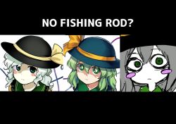 Rule 34 | 1girl, black headwear, blush, breasts, bright pupils, buttons, closed mouth, collared shirt, commentary, diamond button, english commentary, english text, eyeball, frilled shirt collar, frills, green eyes, green hair, hat, hat ribbon, heart, heart of string, himuhino, koishi komeiji&#039;s heart-throbbing adventure, komeiji koishi, light green hair, long sleeves, looking at viewer, meme, multiple style parody, no bitches? (meme), parody, ribbon, shirt, short hair, simple background, small breasts, style parody, sun hat, third eye, touhou, upper body, wavy hair, white background, wide sleeves, yellow ribbon, yellow shirt, zun (style)