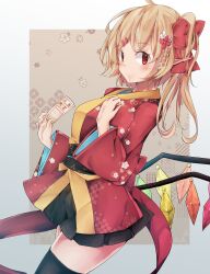 Rule 34 | 1girl, absurdres, black thighhighs, blonde hair, blush, border, bow, closed mouth, cowboy shot, crystal, fang, flandre scarlet, hair bow, highres, japanese clothes, jyaoh0731, kimono, looking at viewer, medium hair, no headwear, red bow, red eyes, red kimono, smile, solo, thighhighs, touhou, white border, wings