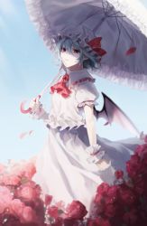 Rule 34 | 1girl, ap5ry, ascot, bat wings, blue hair, brooch, day, eyebrows hidden by hair, feet out of frame, flower, frilled shirt collar, frills, from side, hair between eyes, hand up, hat, highres, holding, holding umbrella, jewelry, looking at viewer, mob cap, outdoors, puffy short sleeves, puffy sleeves, red ascot, red flower, red rose, remilia scarlet, revision, rose, shirt, short hair, short sleeves, skirt, solo, touhou, umbrella, white hat, white shirt, white skirt, wings, wrist cuffs