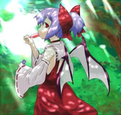 Rule 34 | 1girl, alternate hairstyle, bad id, bad pixiv id, bat wings, blue hair, bow, cosplay, detached sleeves, female focus, food, forest, hair bow, hakurei reimu, hakurei reimu (cosplay), japanese clothes, miko, nature, outdoors, plant, popsicle, red eyes, remilia scarlet, short hair, solo, soubi, touhou, wings