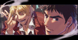 Rule 34 | 2boys, alternate costume, bara, black hair, blonde hair, cigarette, close-up, collared shirt, formal, frown, headband, holding, holding cigarette, ken masters, looking away, male focus, multiple boys, ryu (street fighter), shirt, short hair, smile, smoking, street fighter, suit, thick eyebrows, yuiofire