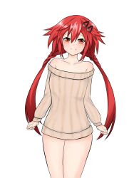 Rule 34 | 1girl, alternate costume, bare legs, blush, braid, breasts, cowboy shot, hair between eyes, hair ornament, hairclip, happy, highres, hip focus, legs together, long hair, medium breasts, neptune (series), nitoya, no pants, off-shoulder sweater, off shoulder, orange eyes, red hair, shin jigen game neptune vii, smile, solo, sweater, tennouboshi uzume, thighs, twin braids, twintails, vertical-striped sweater, very long hair