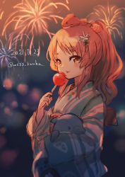 Rule 34 | 1girl, alternate costume, brown eyes, brown hair, candy apple, fireworks, food, japanese clothes, kantai collection, kimono, long hair, looking at viewer, night, object on head, one-hour drawing challenge, solo, striped clothes, striped kimono, stuffed animal, stuffed dolphin, stuffed fish, stuffed goldfish, stuffed toy, wavy hair, wss (nicoseiga19993411), yashiro (kancolle), yukata